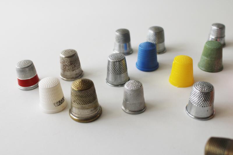 photo of lot of vintage sewing thimbles, some old advertising pieces, metal & plastic #4