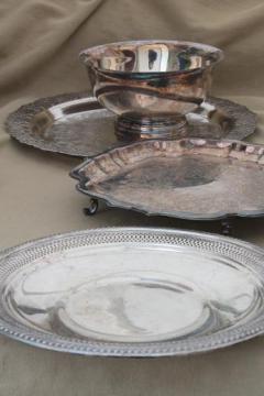 catalog photo of lot of vintage silver plate, trays & footed tray, Revere style bowl & underplate