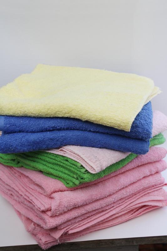 photo of lot of vintage soft light cotton terrycloth bath towels, pastel candy colors #1