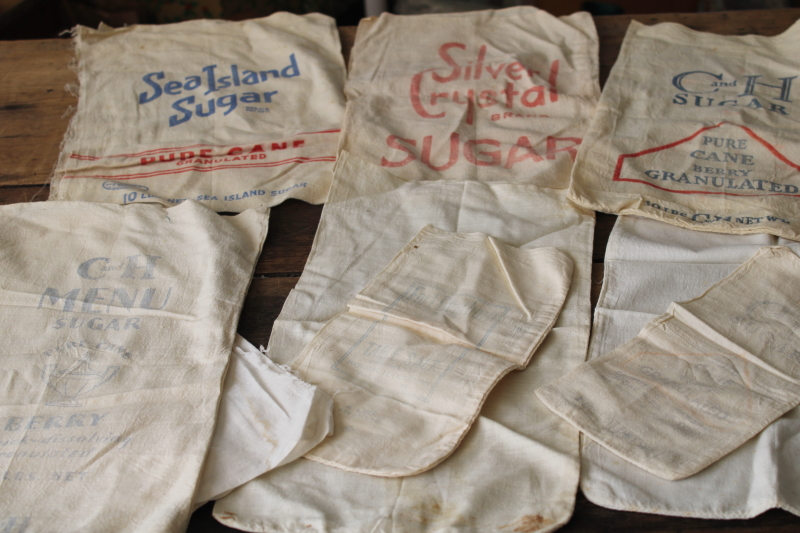 photo of lot of vintage sugar and salt sacks, small cotton bags nice old print advertising graphics #1