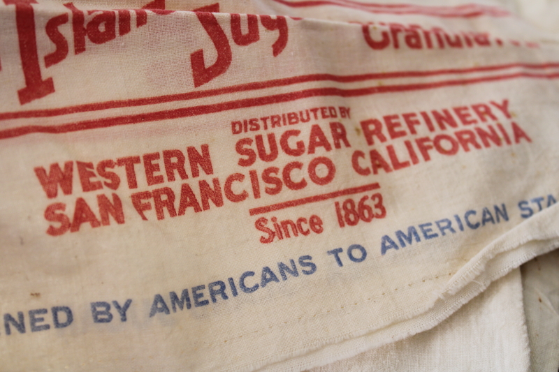 photo of lot of vintage sugar and salt sacks, small cotton bags nice old print advertising graphics #2