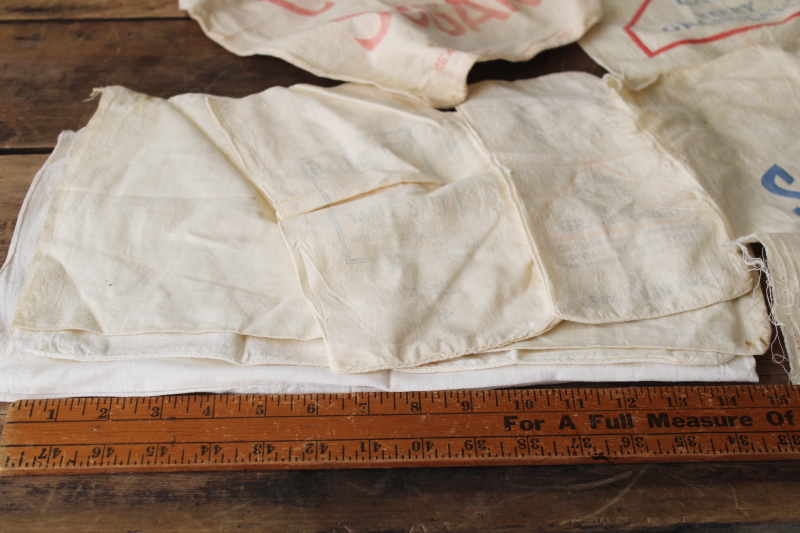 photo of lot of vintage sugar and salt sacks, small cotton bags nice old print advertising graphics #5