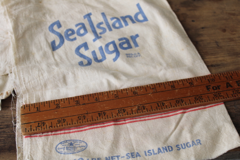 photo of lot of vintage sugar and salt sacks, small cotton bags nice old print advertising graphics #6