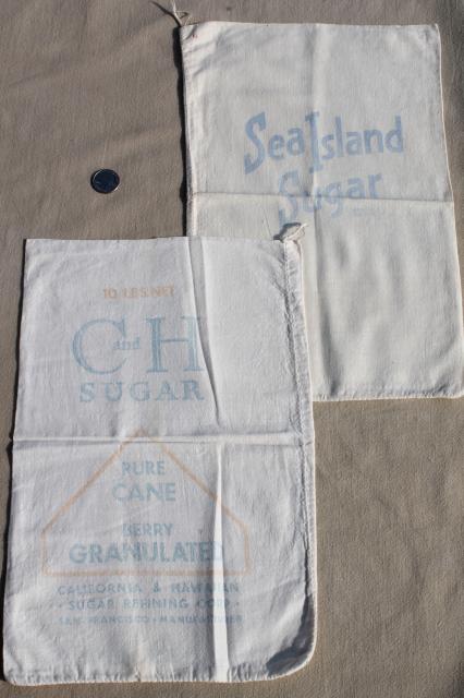 photo of lot of vintage sugar sacks w/ printed advertising graphics, fine light cotton feedsack fabric  #7