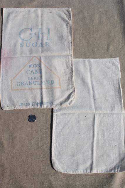 photo of lot of vintage sugar sacks w/ printed advertising graphics, fine light cotton feedsack fabric  #10