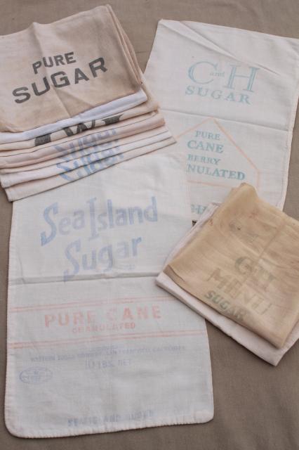 photo of lot of vintage sugar sacks w/ printed advertising graphics, fine light cotton feedsack fabric #1