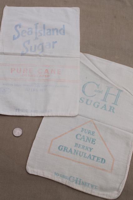 photo of lot of vintage sugar sacks w/ printed advertising graphics, fine light cotton feedsack fabric #2