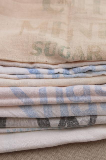 photo of lot of vintage sugar sacks w/ printed advertising graphics, fine light cotton feedsack fabric #7