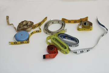 catalog photo of lot of vintage tape measures - collection of dressmaker's measures, sewing box tools