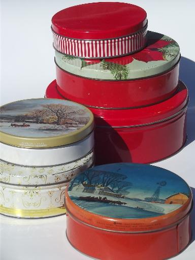 photo of lot of vintage tins, old Christmas litho print candy tins & cookie tins #1