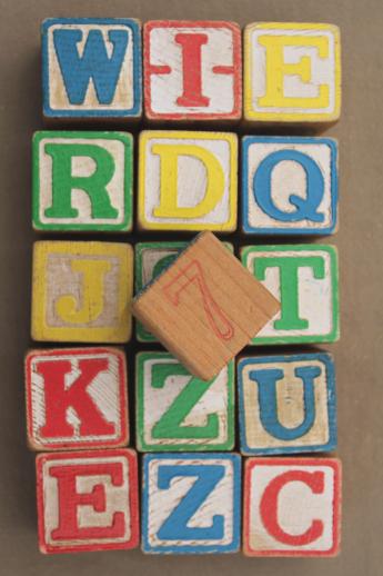 photo of lot of vintage wood alphabet blocks, rough old wooden letter blocks #2