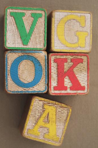 photo of lot of vintage wood alphabet blocks, rough old wooden letter blocks #3