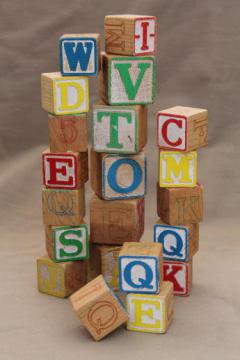 catalog photo of lot of vintage wood alphabet blocks, rough old wooden letter blocks