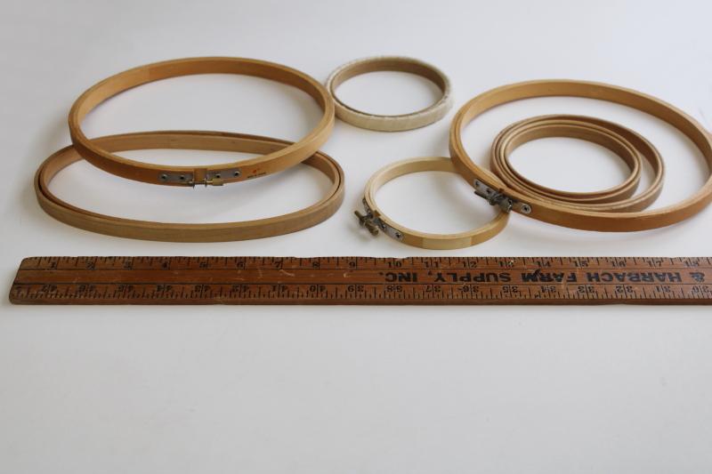 photo of lot of vintage wood embroidery hoops, round & oval needlework stretchers or frames  #1