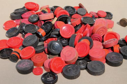 photo of lot of vintage wood & plastic checkers, game parts / playing pieces #1