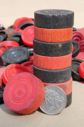 photo of lot of vintage wood & plastic checkers, game parts / playing pieces #2