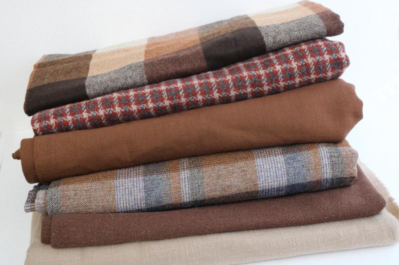photo of lot of vintage wool & tweed fabric for sewing or rug making, tan & brown shades #1