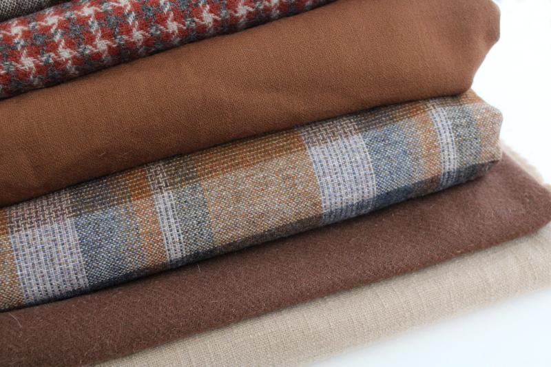 photo of lot of vintage wool & tweed fabric for sewing or rug making, tan & brown shades #3