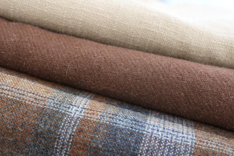 photo of lot of vintage wool & tweed fabric for sewing or rug making, tan & brown shades #7