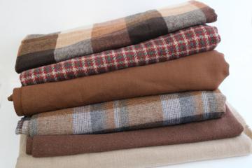 catalog photo of lot of vintage wool & tweed fabric for sewing or rug making, tan & brown shades