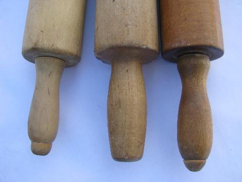 photo of lot of wood rolling pins from old farm kitchen, vintage kitchenware #2