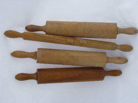 photo of lot of wood rolling pins & pastry pin from old farm kitchen, vintage kitchenware #1