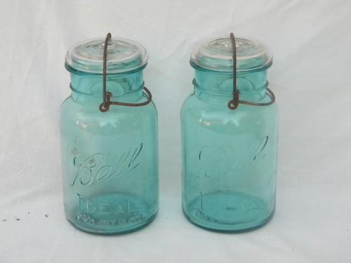 photo of lot old 1908 1 qt aqua blue Ball Ideal mason jars/canisters, lightning lids #1