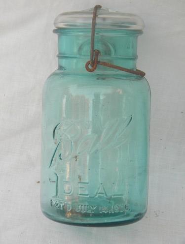 photo of lot old 1908 1 qt aqua blue Ball Ideal mason jars/canisters, lightning lids #2