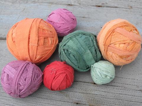 photo of lot old all cotton solids rug strips rag balls, faded vintage colors #1