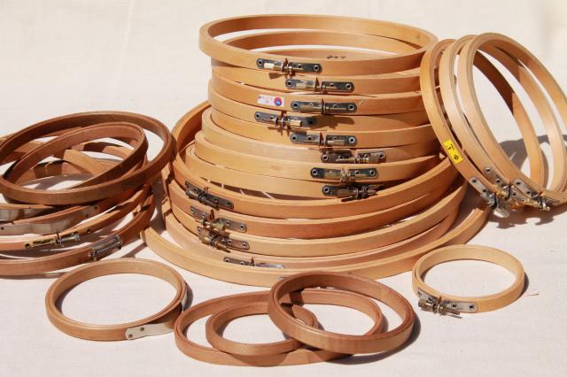 photo of lot old and new wood embroidery hoops, assorted hoop sizes for hooped needlework frames or sewing #1