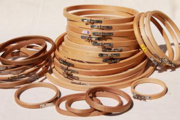 catalog photo of lot old and new wood embroidery hoops, assorted hoop sizes for hooped needlework frames or sewing