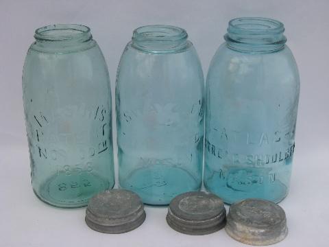 photo of lot old antique aqua blue glass 2 qt mason jars w/ lids, vintage 1858 patent #2