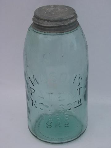 photo of lot old antique aqua blue glass 2 qt mason jars w/ lids, vintage 1858 patent #3