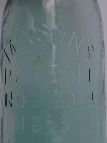 photo of lot old antique aqua blue glass 2 qt mason jars w/ lids, vintage 1858 patent #4