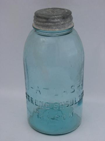 photo of lot old antique aqua blue glass 2 qt mason jars w/ lids, vintage 1858 patent #7