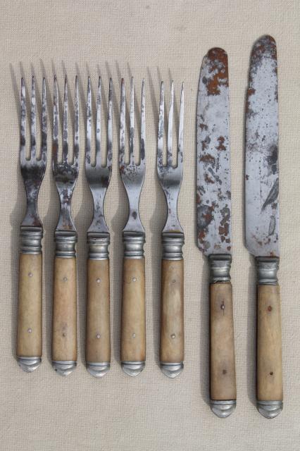 photo of lot old antique bone handled steel forks & knives, Civil War vintage flatware  #1