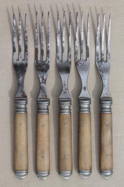 photo of lot old antique bone handled steel forks & knives, Civil War vintage flatware  #5