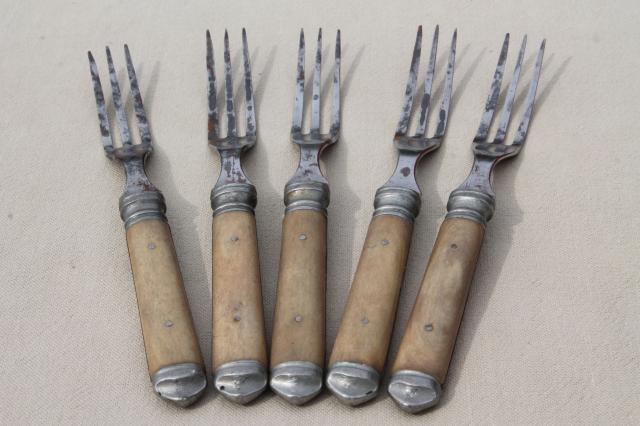 photo of lot old antique bone handled steel forks & knives, Civil War vintage flatware  #8