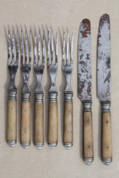 catalog photo of lot old antique bone handled steel forks & knives, Civil War vintage flatware 