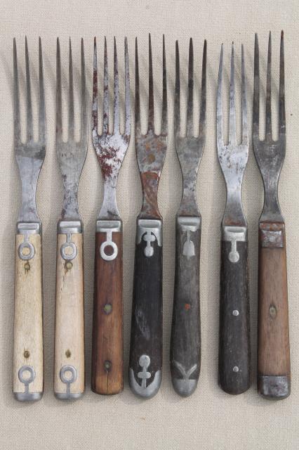 photo of lot old antique bone handled / wood handle steel forks, mismatched Civil War vintage flatware #1