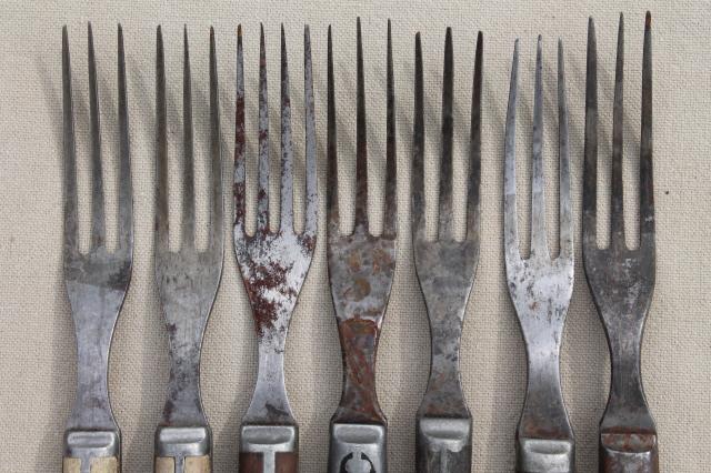 photo of lot old antique bone handled / wood handle steel forks, mismatched Civil War vintage flatware #3