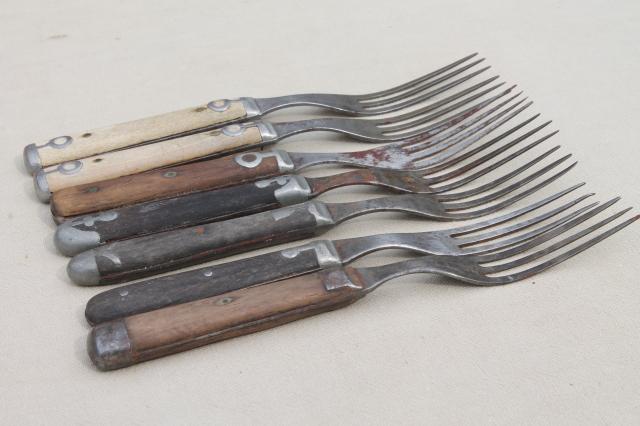 photo of lot old antique bone handled / wood handle steel forks, mismatched Civil War vintage flatware #4