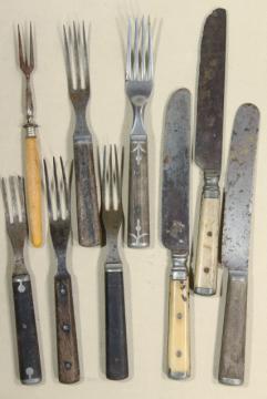 catalog photo of lot old antique bone & wood handled steel forks & knives, Civil War vintage flatware