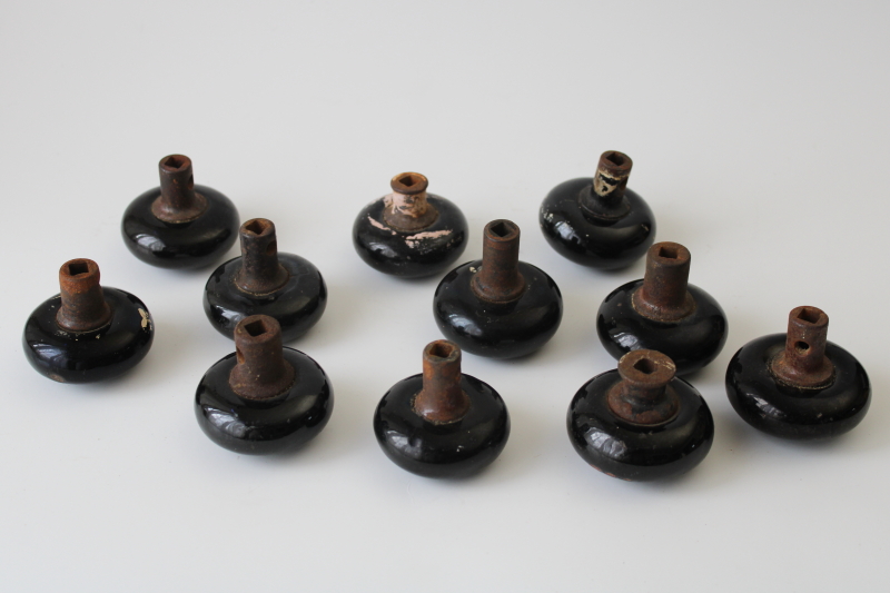 photo of lot old antique door knobs for repurpose or upcycle, black glazed redware pottery  #3