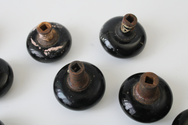 photo of lot old antique door knobs for repurpose or upcycle, black glazed redware pottery  #4