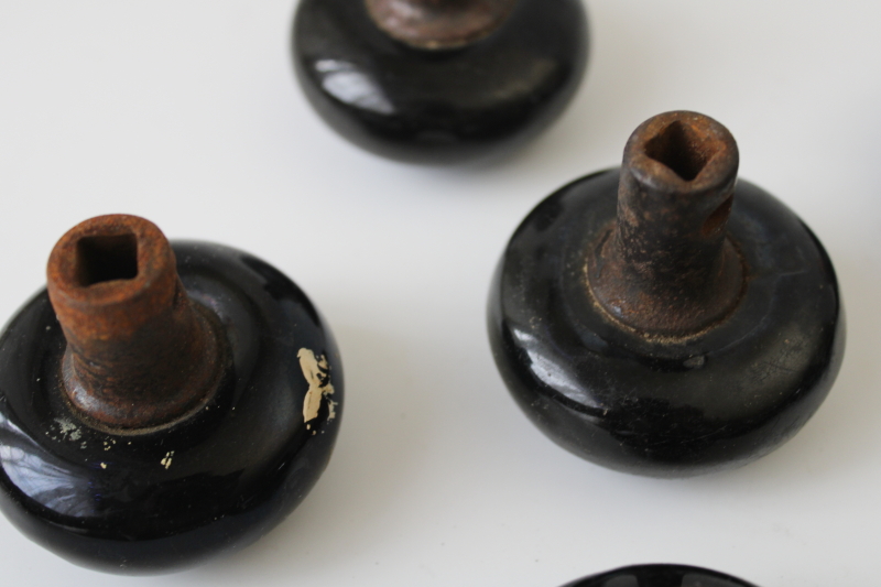 photo of lot old antique door knobs for repurpose or upcycle, black glazed redware pottery  #5