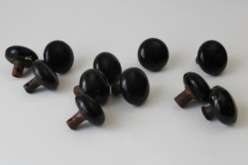 catalog photo of lot old antique door knobs for repurpose or upcycle, black glazed redware pottery 