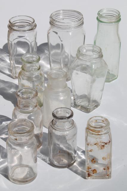 photo of lot old antique glass food jars, condiment bottles, vintage spice jars #1