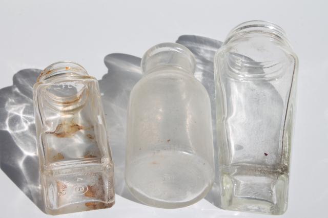 photo of lot old antique glass food jars, condiment bottles, vintage spice jars #2