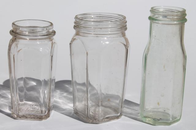 photo of lot old antique glass food jars, condiment bottles, vintage spice jars #4